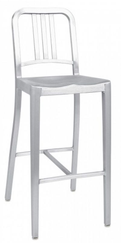 Emeco Navy Barhocker aus Aluminium, silberner Metall-Barstuhl mit Rückenlehne und Fußstütze.
